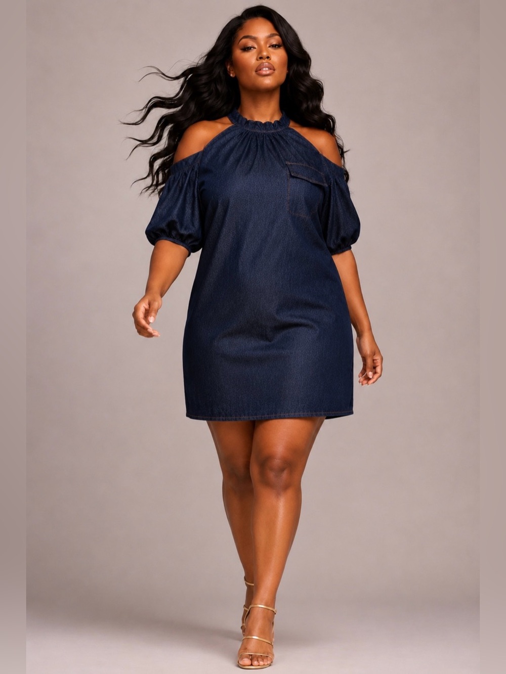 NWT Plus Size Dark Blue Cold-Shoulder Denim Mini Dress